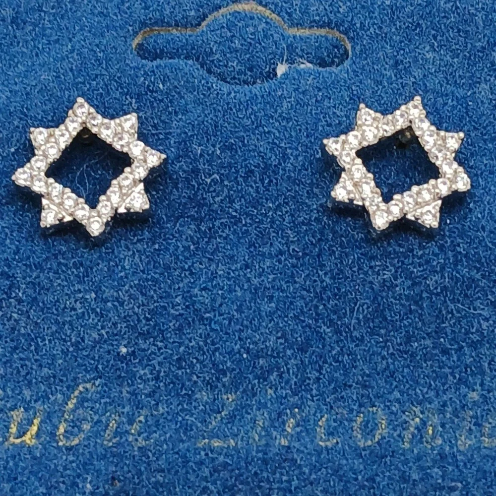 Vintage 1990s Cubic Zirconia Geometric Star Stud Earrings Silver Tone New‎